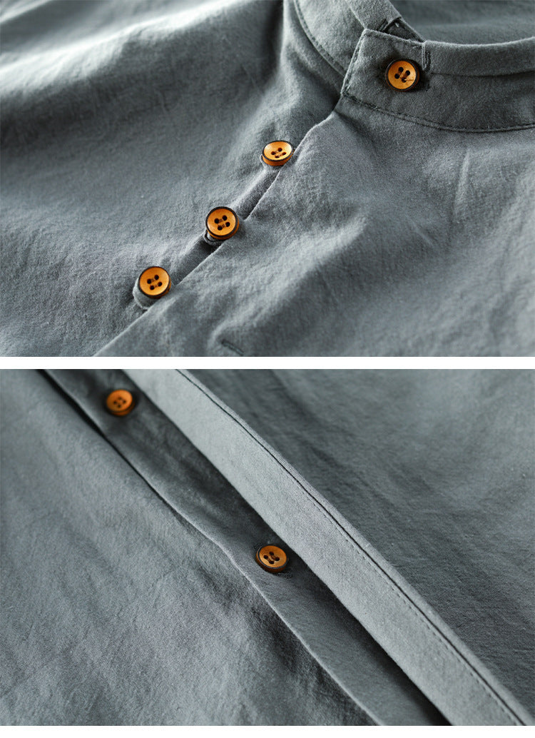 2025 cross-border European and American men's autumn and winter new linen cotton men's shirt stand collar buried clip casual shirt