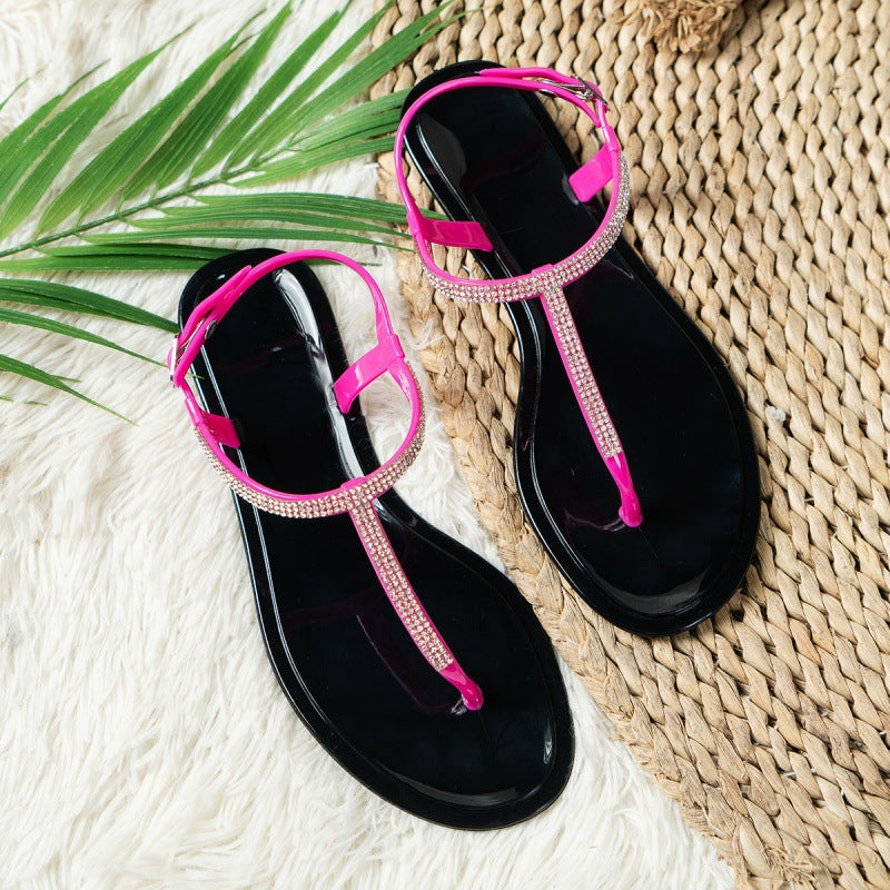 Wish foreign trade explosions sandals 2021 summer new fashion rhinestone flat plus size toe beach sandals women's in stock