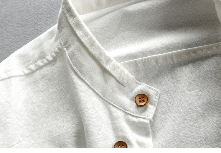 2025 cross-border European and American men's autumn and winter new linen cotton men's shirt stand collar buried clip casual shirt