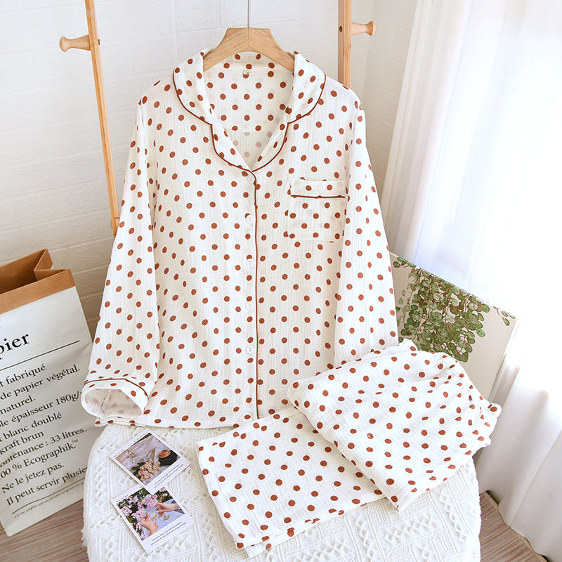 Pajamas Pure Cotton Crepe Women's Long-sleeved Lapel Cardigan Fresh Style Spring and Autumn Women's Seersucker Home Clothes Two-piece Set