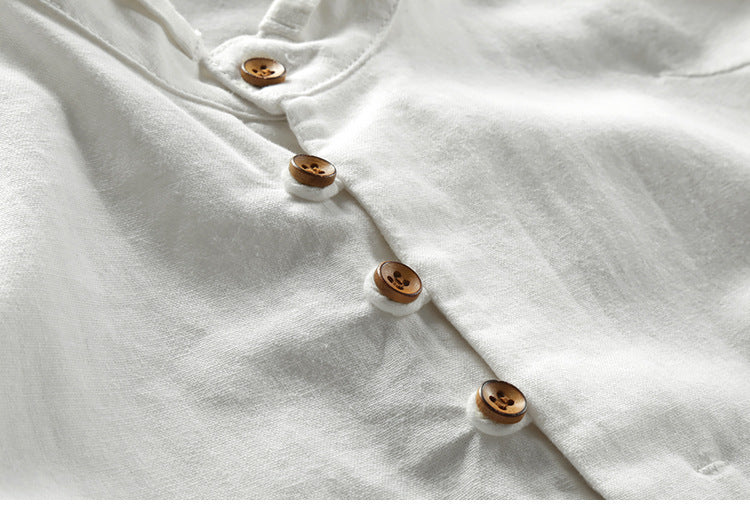 2025 cross-border European and American men's autumn and winter new linen cotton men's shirt stand collar buried clip casual shirt