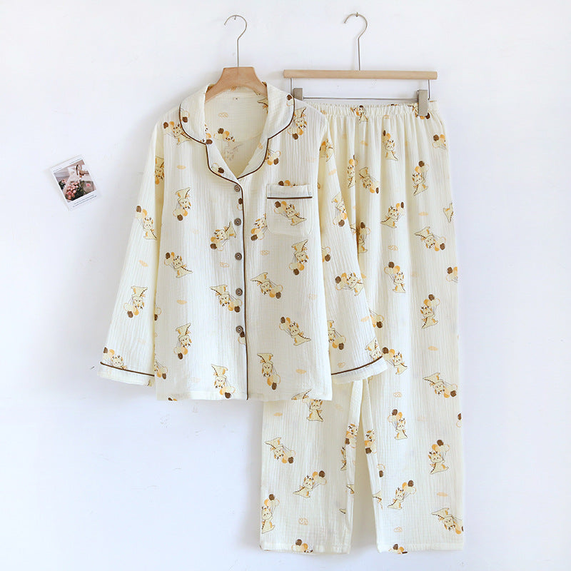 Pajamas Pure Cotton Crepe Women's Long-sleeved Lapel Cardigan Fresh Style Spring and Autumn Women's Seersucker Home Clothes Two-piece Set