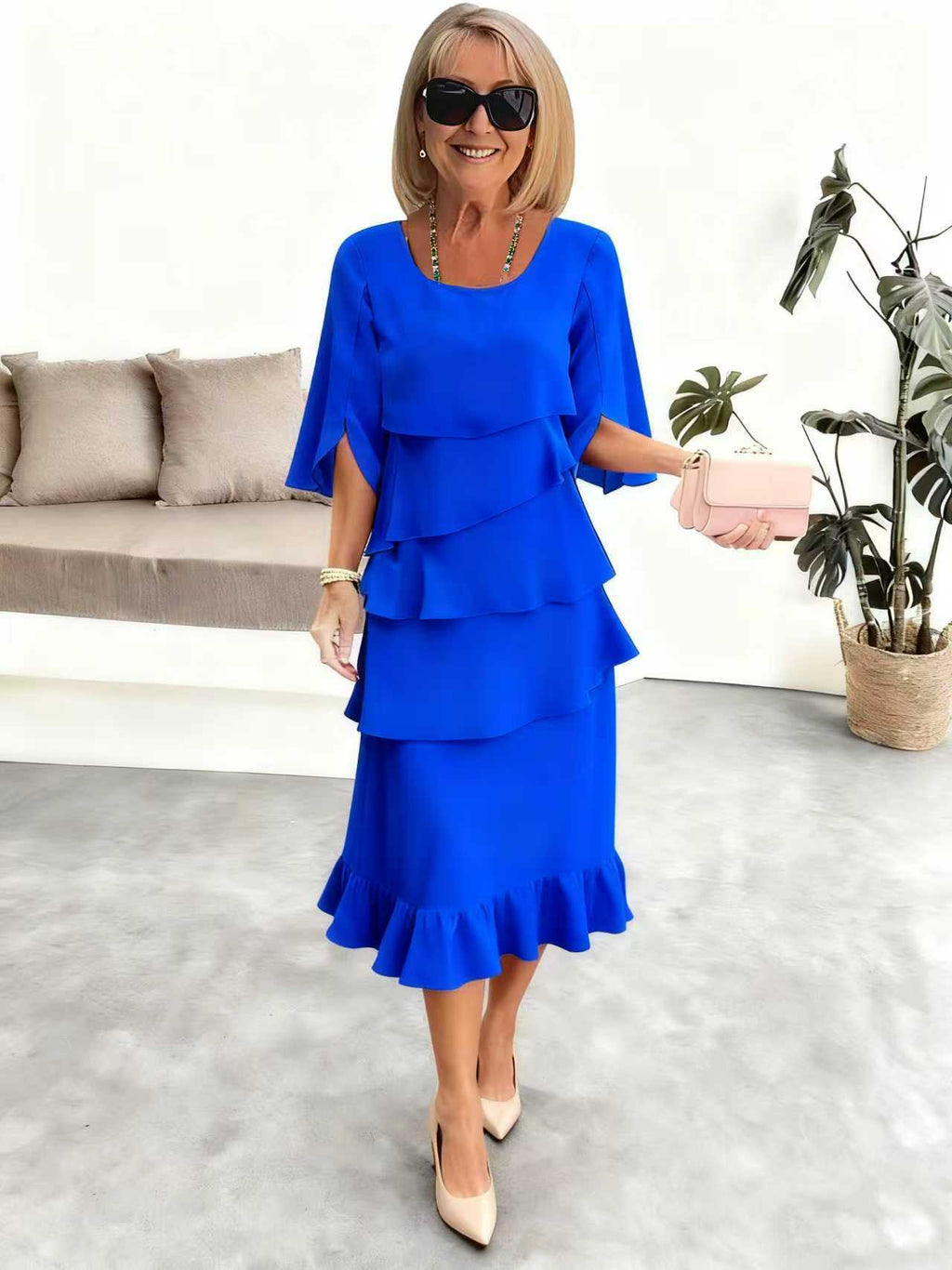 2025 New Amazon Foreign Trade Spring and Summer Fashion Cake Dress Women's Elegant Loose Slimming Round Neck Dress Women