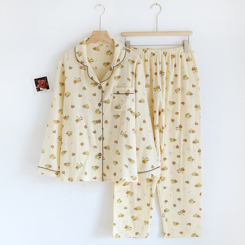 Pajamas Pure Cotton Crepe Women's Long-sleeved Lapel Cardigan Fresh Style Spring and Autumn Women's Seersucker Home Clothes Two-piece Set