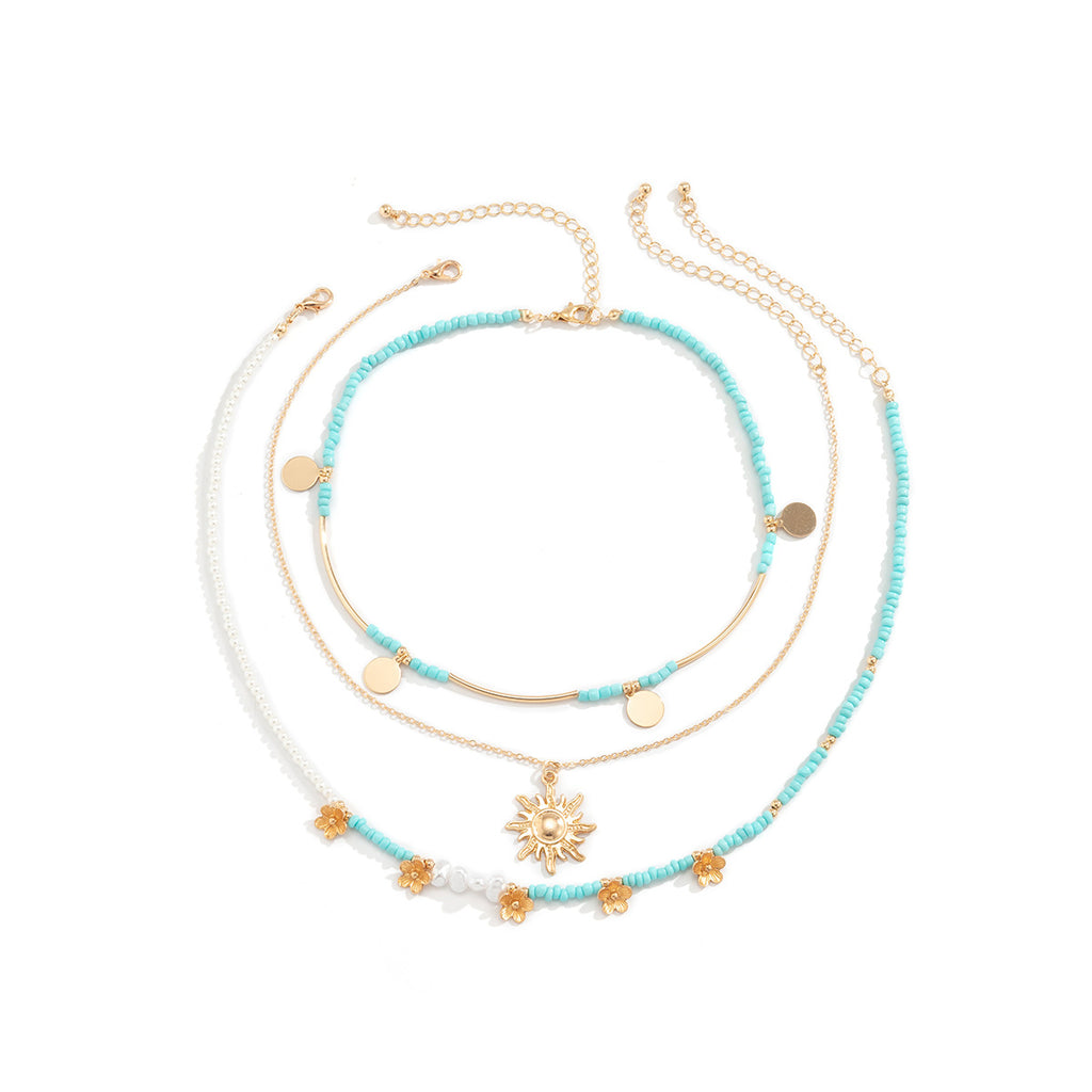 All-match Rice Bead Sequins Tassel Sunflower Pendant Retro Clavicle Necklace European and American Hip Hop Imitation Pearl Niche Necklace