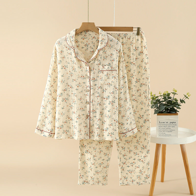 Pajamas Pure Cotton Crepe Women's Long-sleeved Lapel Cardigan Fresh Style Spring and Autumn Women's Seersucker Home Clothes Two-piece Set