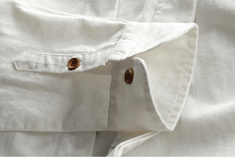 2025 cross-border European and American men's autumn and winter new linen cotton men's shirt stand collar buried clip casual shirt