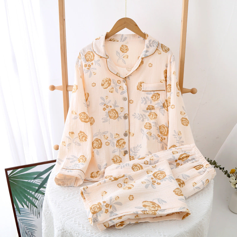 Pajamas Pure Cotton Crepe Women's Long-sleeved Lapel Cardigan Fresh Style Spring and Autumn Women's Seersucker Home Clothes Two-piece Set