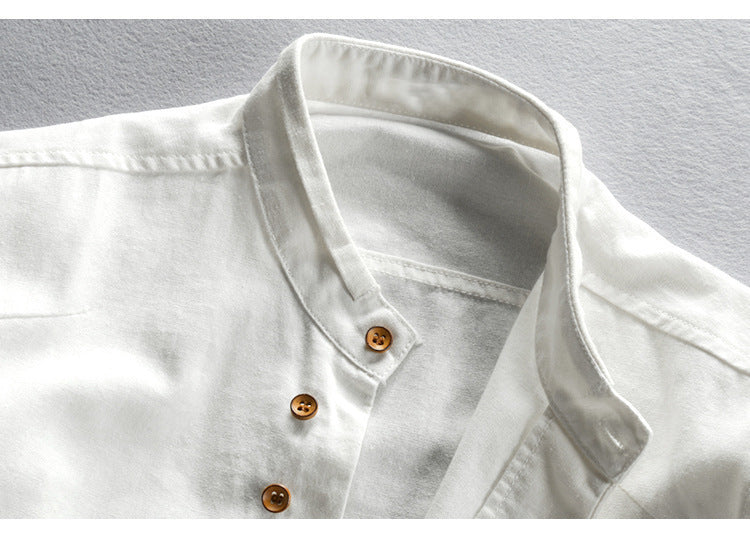 2025 cross-border European and American men's autumn and winter new linen cotton men's shirt stand collar buried clip casual shirt