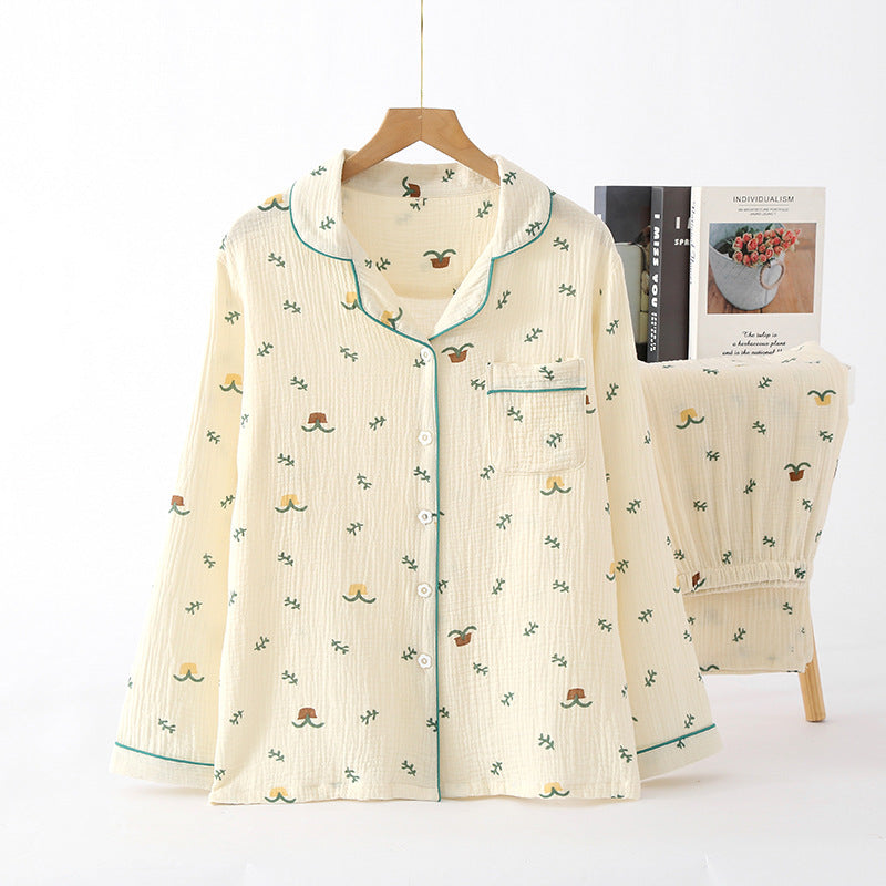 Pajamas Pure Cotton Crepe Women's Long-sleeved Lapel Cardigan Fresh Style Spring and Autumn Women's Seersucker Home Clothes Two-piece Set