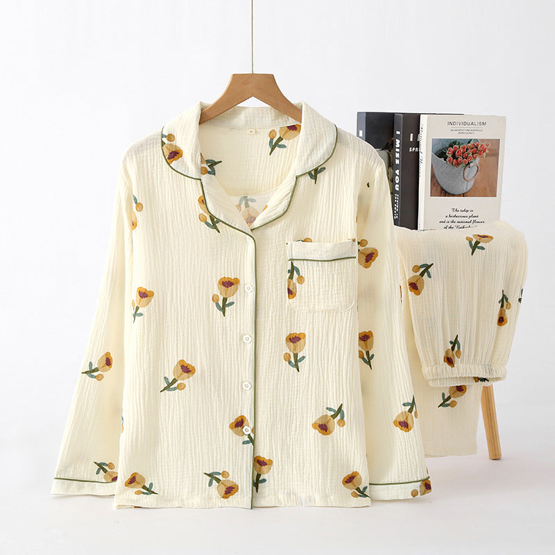 Pajamas Pure Cotton Crepe Women's Long-sleeved Lapel Cardigan Fresh Style Spring and Autumn Women's Seersucker Home Clothes Two-piece Set