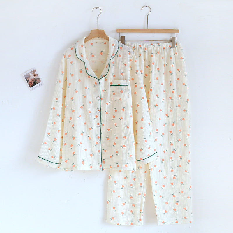 Pajamas Pure Cotton Crepe Women's Long-sleeved Lapel Cardigan Fresh Style Spring and Autumn Women's Seersucker Home Clothes Two-piece Set
