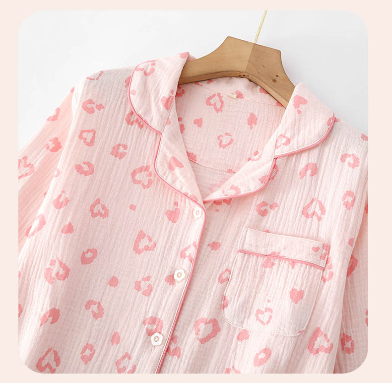 Pajamas Pure Cotton Crepe Women's Long-sleeved Lapel Cardigan Fresh Style Spring and Autumn Women's Seersucker Home Clothes Two-piece Set