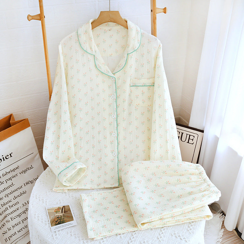 Pajamas Pure Cotton Crepe Women's Long-sleeved Lapel Cardigan Fresh Style Spring and Autumn Women's Seersucker Home Clothes Two-piece Set