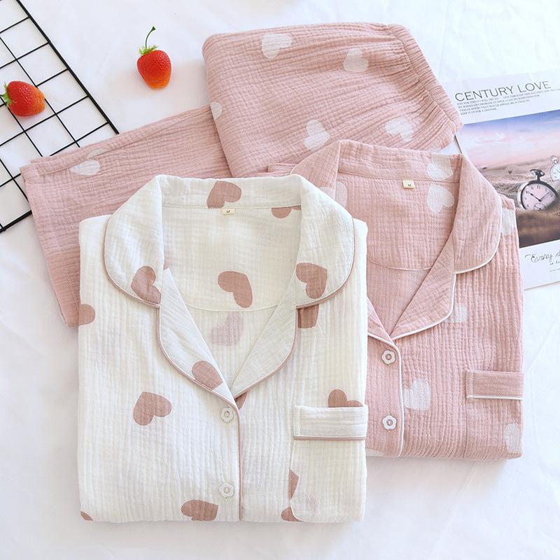 Pajamas Pure Cotton Crepe Women's Long-sleeved Lapel Cardigan Fresh Style Spring and Autumn Women's Seersucker Home Clothes Two-piece Set