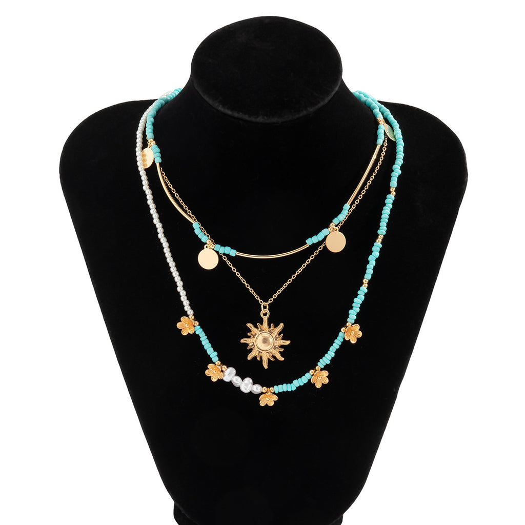 All-match Rice Bead Sequins Tassel Sunflower Pendant Retro Clavicle Necklace European and American Hip Hop Imitation Pearl Niche Necklace
