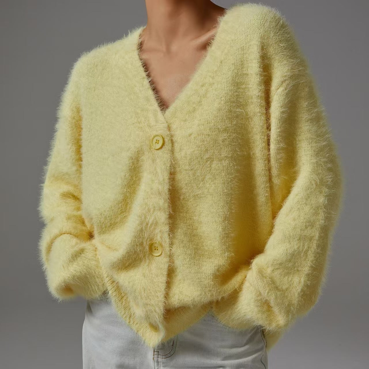 Cross-Border Imitation Mink Knitted Sweater Cardigan European and American Style 2026 Autumn and Winter Lazy Loose Long-Sleeved V-Neck Solid Color Coat for Women