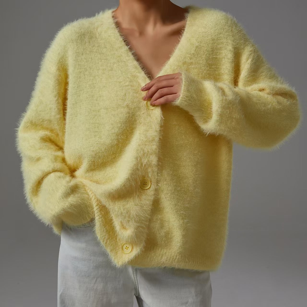 Cross-Border Imitation Mink Knitted Sweater Cardigan European and American Style 2026 Autumn and Winter Lazy Loose Long-Sleeved V-Neck Solid Color Coat for Women