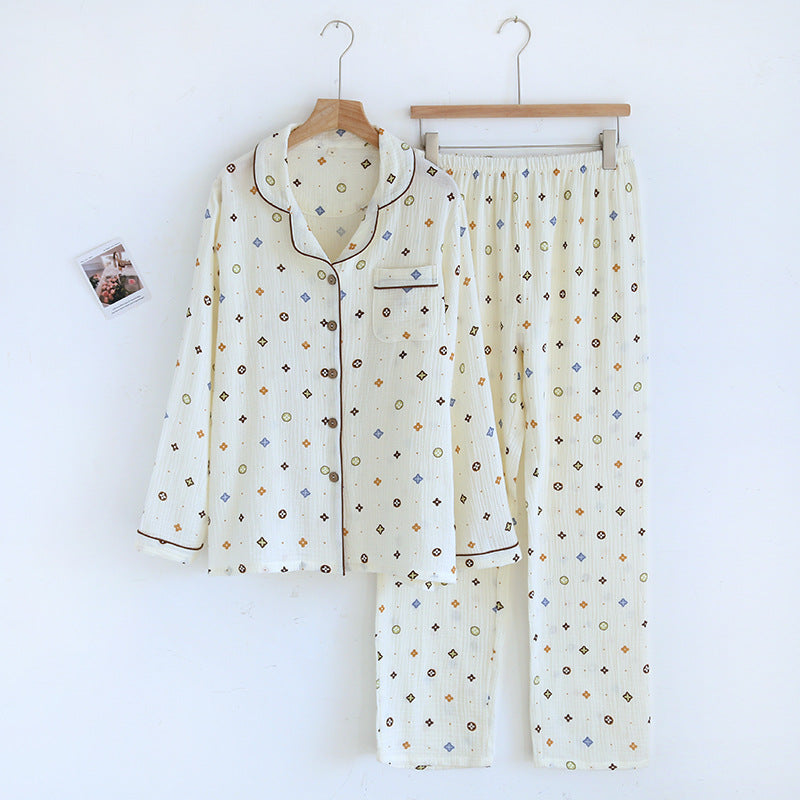 Pajamas Pure Cotton Crepe Women's Long-sleeved Lapel Cardigan Fresh Style Spring and Autumn Women's Seersucker Home Clothes Two-piece Set