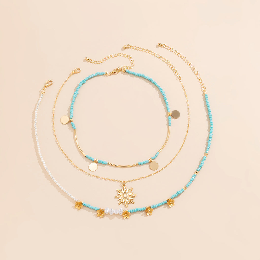All-match Rice Bead Sequins Tassel Sunflower Pendant Retro Clavicle Necklace European and American Hip Hop Imitation Pearl Niche Necklace