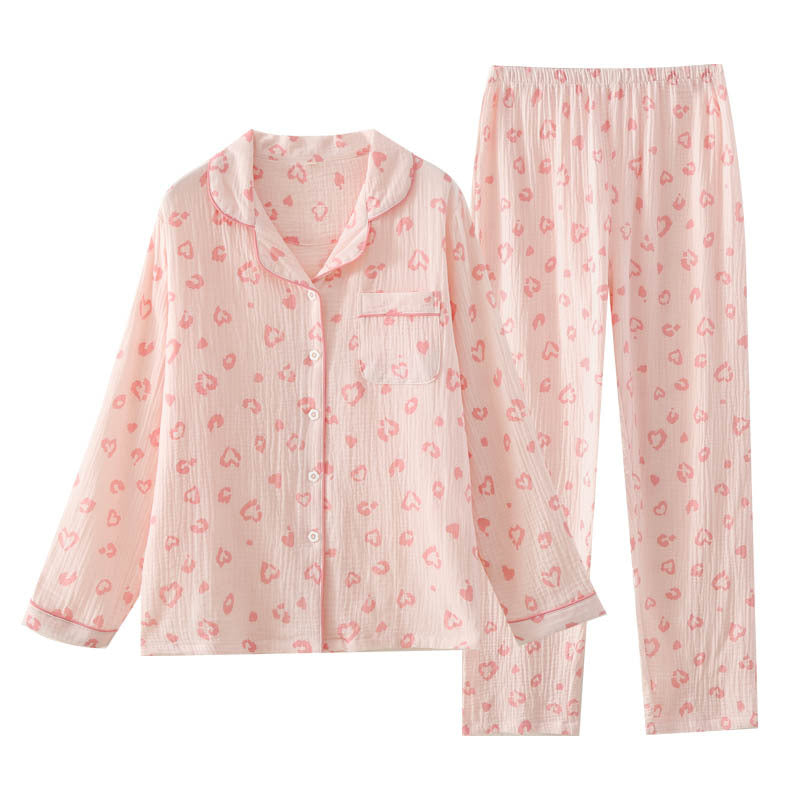 Pajamas Pure Cotton Crepe Women's Long-sleeved Lapel Cardigan Fresh Style Spring and Autumn Women's Seersucker Home Clothes Two-piece Set