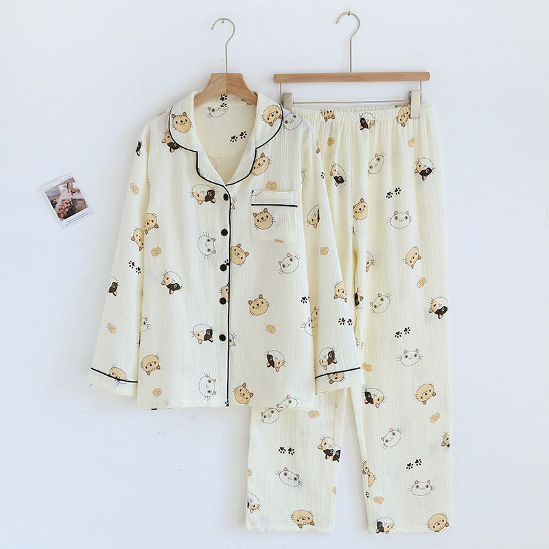 Pajamas Pure Cotton Crepe Women's Long-sleeved Lapel Cardigan Fresh Style Spring and Autumn Women's Seersucker Home Clothes Two-piece Set