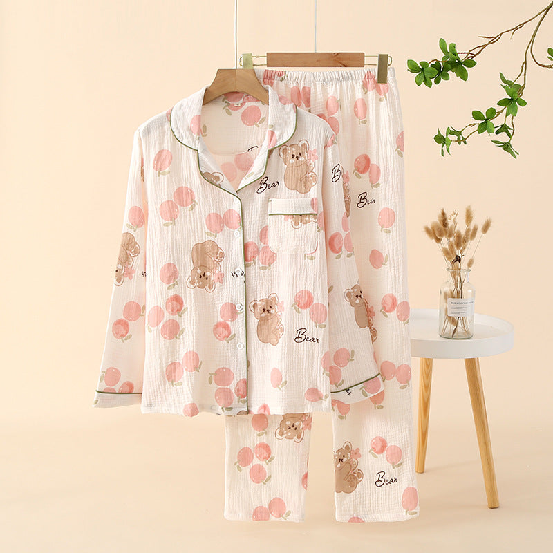 Pajamas Pure Cotton Crepe Women's Long-sleeved Lapel Cardigan Fresh Style Spring and Autumn Women's Seersucker Home Clothes Two-piece Set