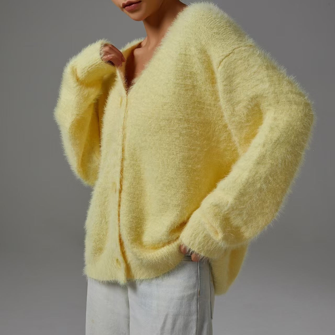Cross-Border Imitation Mink Knitted Sweater Cardigan European and American Style 2026 Autumn and Winter Lazy Loose Long-Sleeved V-Neck Solid Color Coat for Women