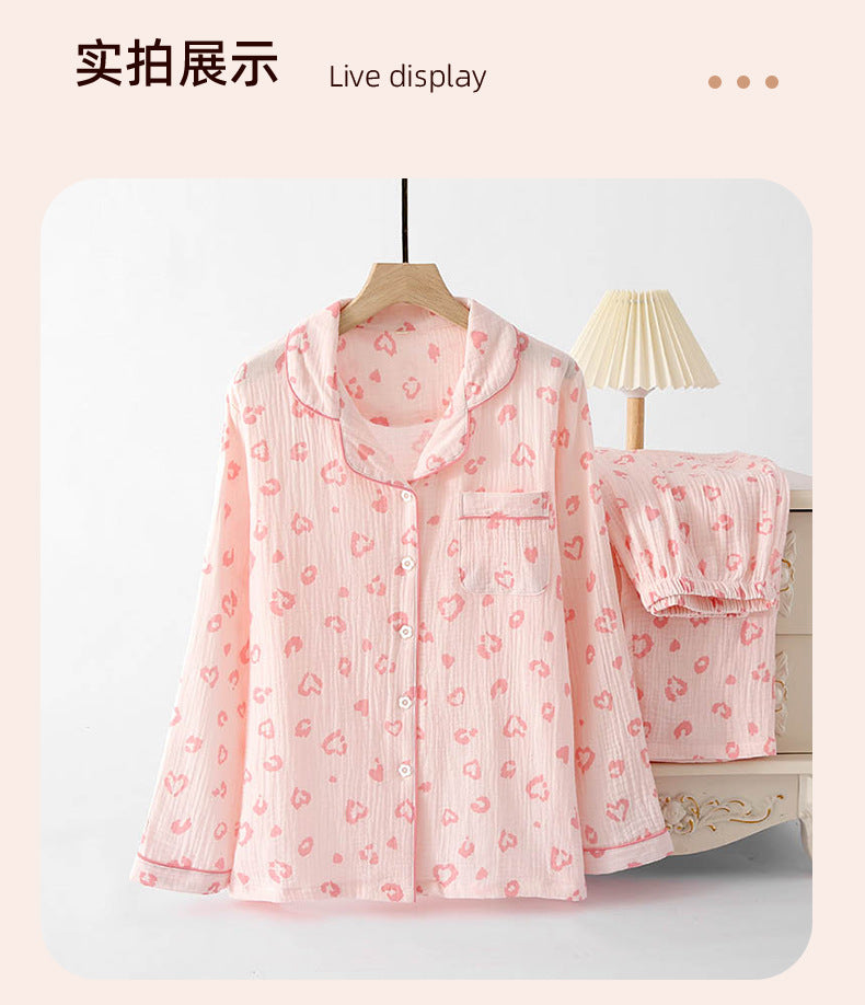 Pajamas Pure Cotton Crepe Women's Long-sleeved Lapel Cardigan Fresh Style Spring and Autumn Women's Seersucker Home Clothes Two-piece Set