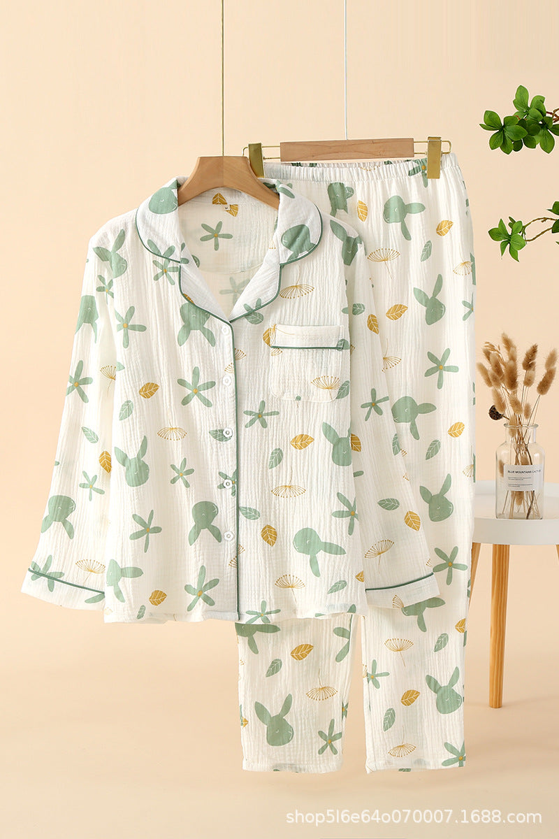 Pajamas Pure Cotton Crepe Women's Long-sleeved Lapel Cardigan Fresh Style Spring and Autumn Women's Seersucker Home Clothes Two-piece Set