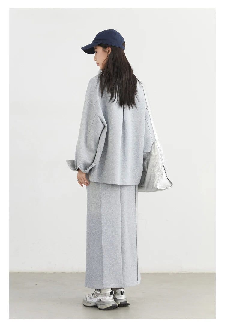CHIC VEN Women Sweatshirts Loose Casual Solid Color Round Neck Long Sleeve Hoodies Coat Split Skirt Set Spring Summer 2025