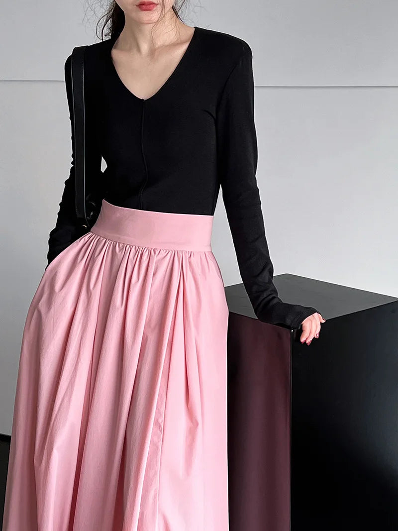 Summer New Casual Pink A-Line Pleated Skirt Women's Fashion Breathable Comfortable Materials