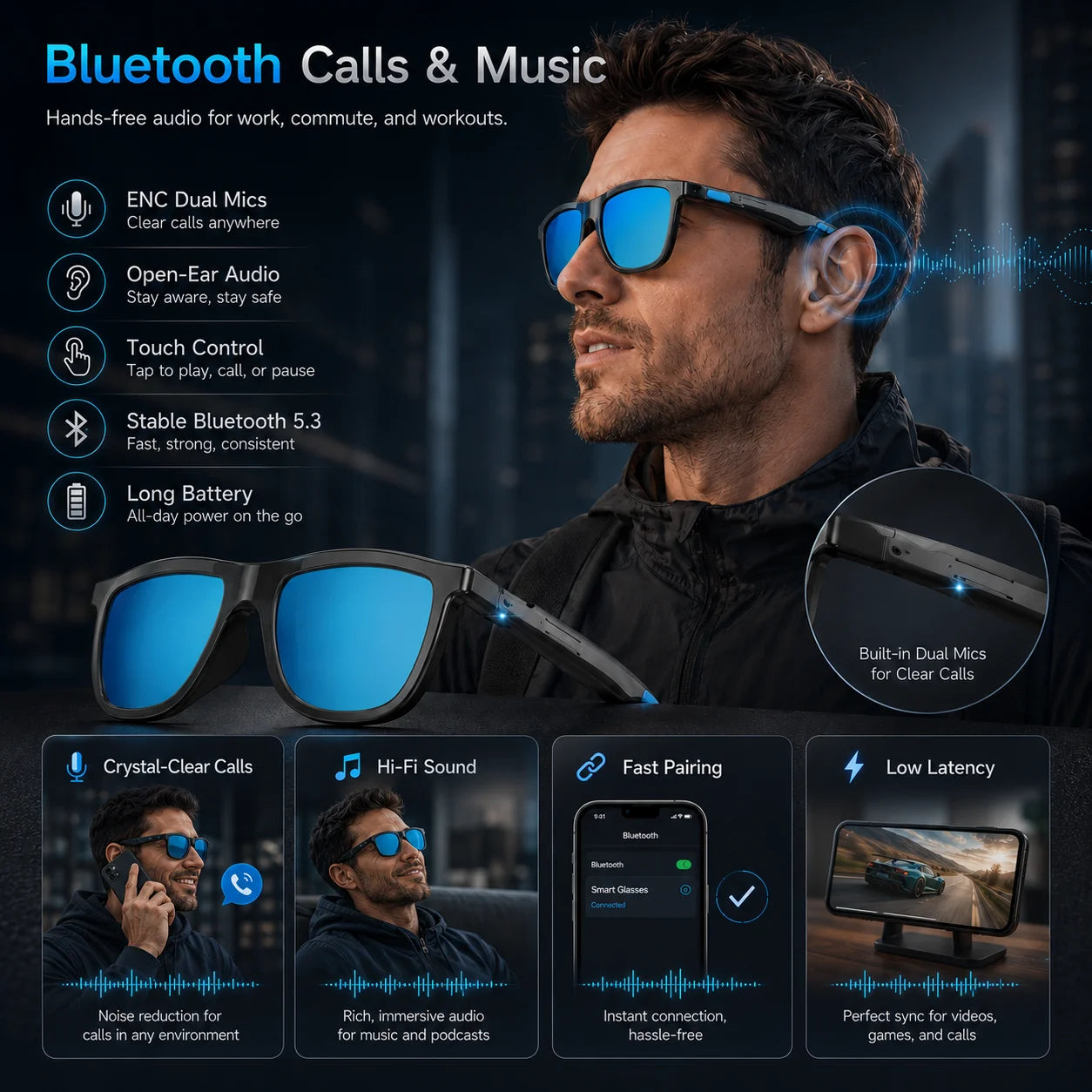 New Touch-Color Change Smart Audio Glasses Men AI Video Translation Bluetooth Call Dual Mic Noise Reduction Waterproof Glasses