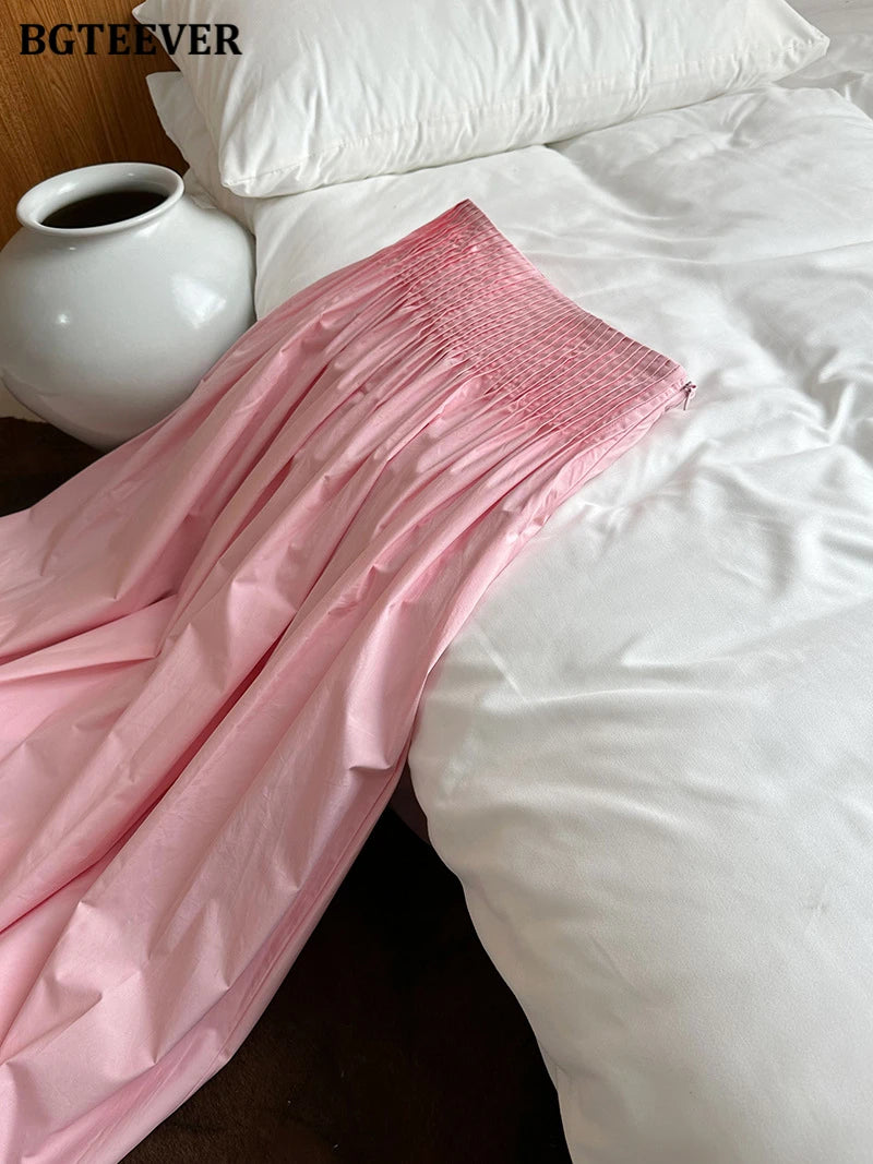 BGTEEVER Spring Summer Elastic Waist Ladies A-line Skirts Stylish Loose Women Pleated Skirts