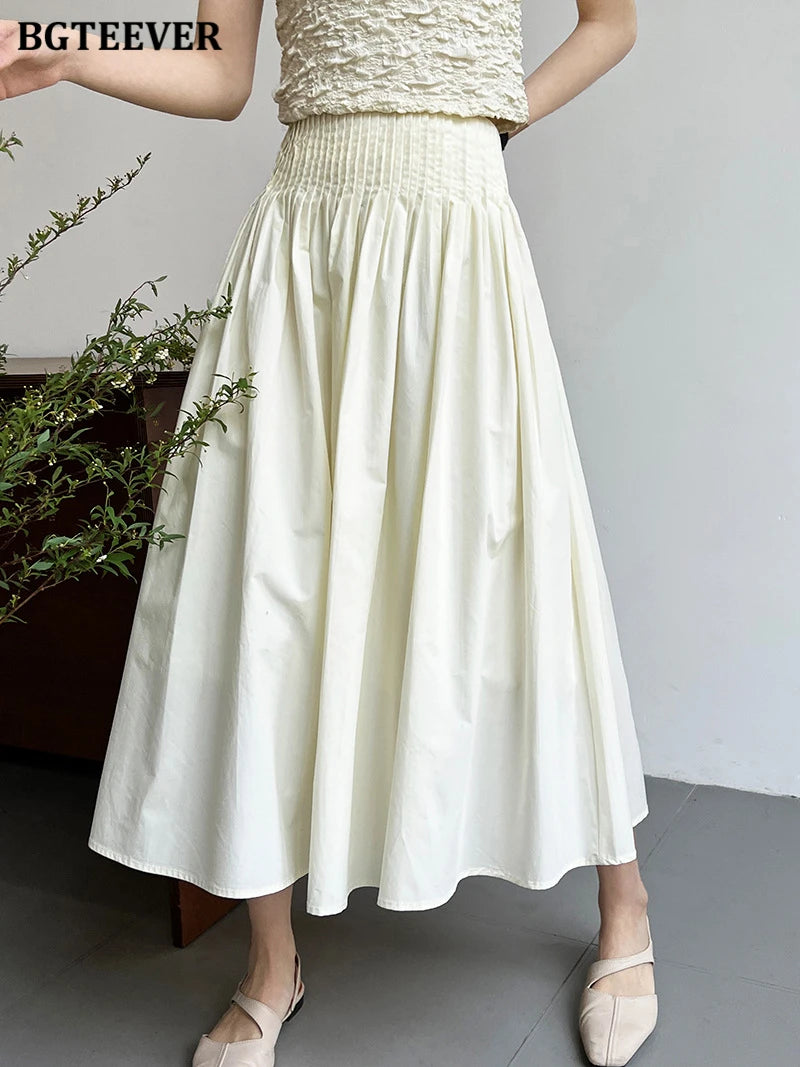 BGTEEVER Spring Summer Elastic Waist Ladies A-line Skirts Stylish Loose Women Pleated Skirts