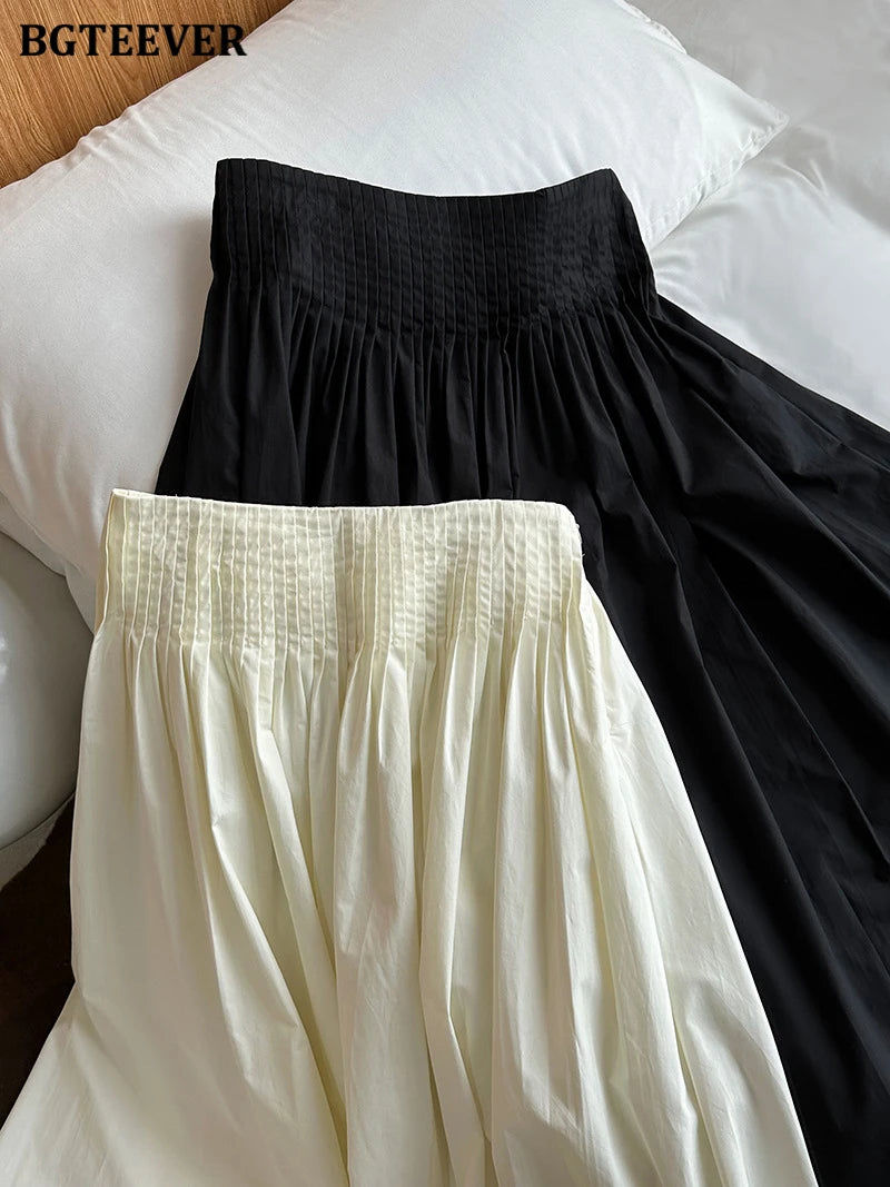 BGTEEVER Spring Summer Elastic Waist Ladies A-line Skirts Stylish Loose Women Pleated Skirts