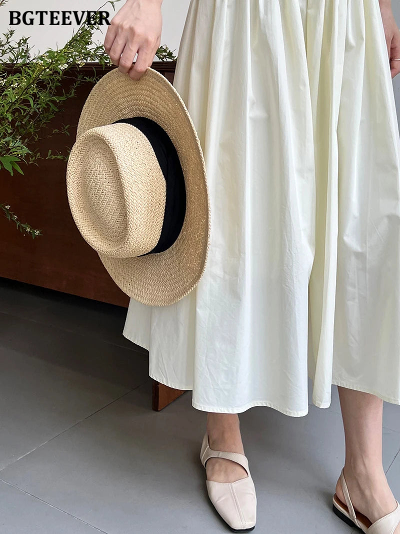 BGTEEVER Spring Summer Elastic Waist Ladies A-line Skirts Stylish Loose Women Pleated Skirts
