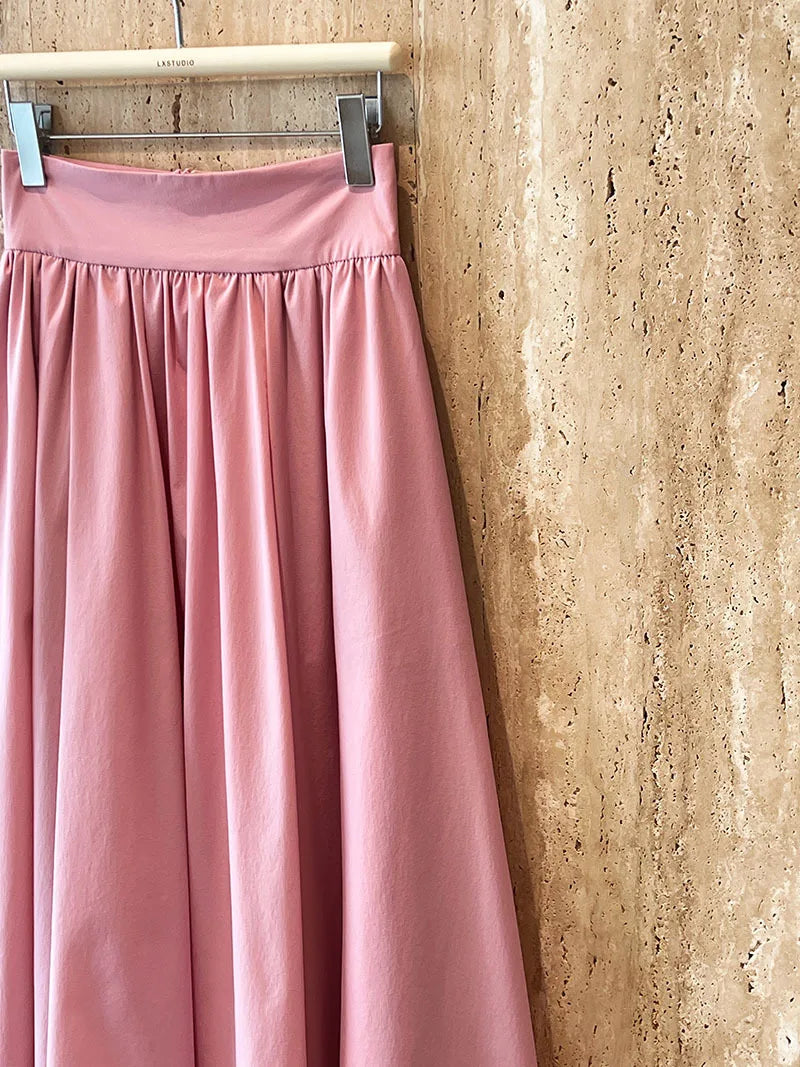 2025 Fall New French High-End Pink Midi Skirt with Large A-Line Pleats Solid Skirt