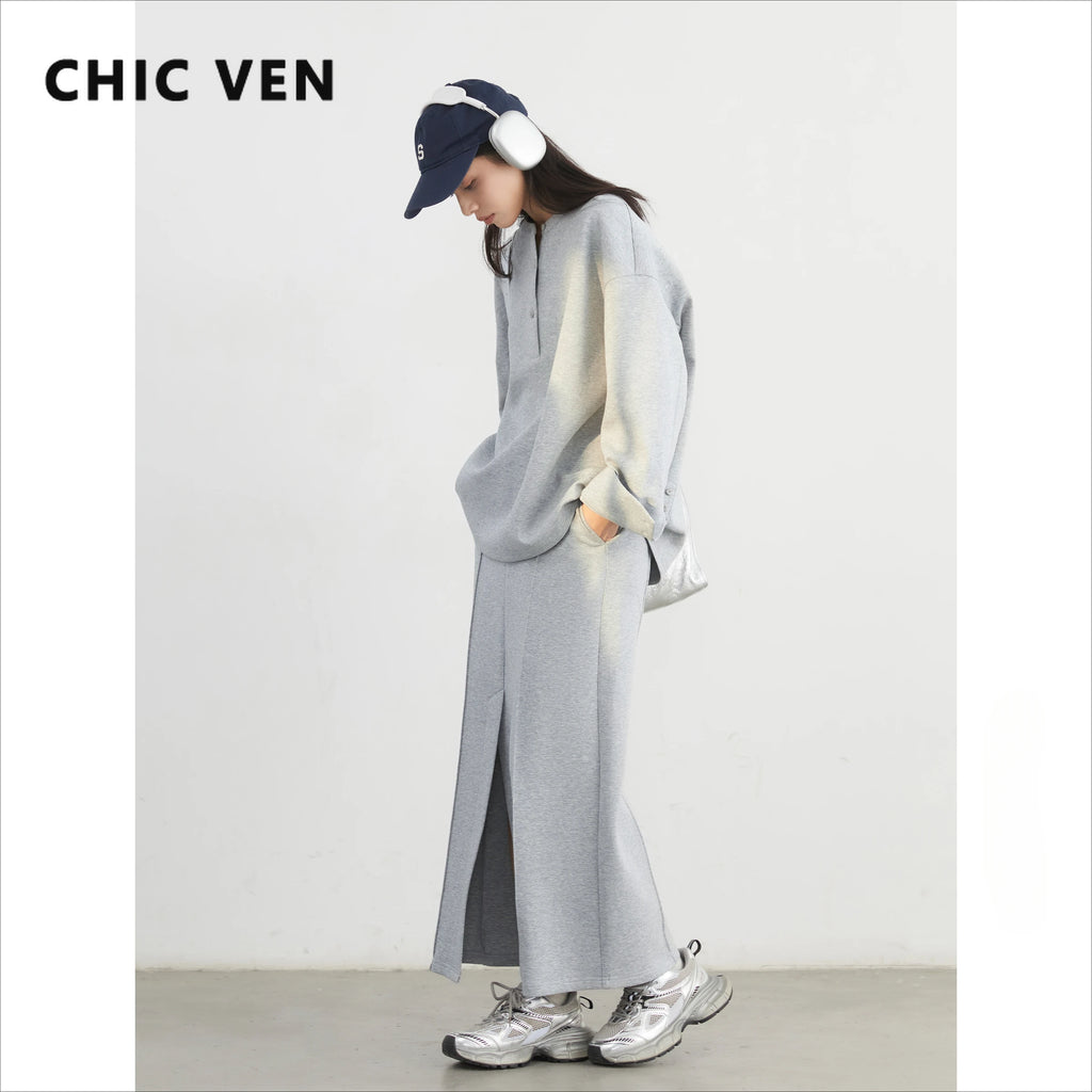 CHIC VEN Women Sweatshirts Loose Casual Solid Color Round Neck Long Sleeve Hoodies Coat Split Skirt Set Spring Summer 2025