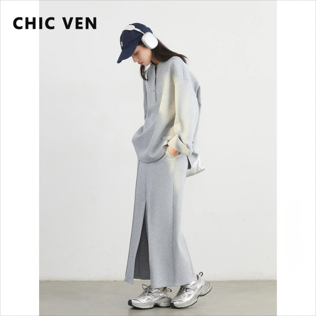 CHIC VEN Women Sweatshirts Loose Casual Solid Color Round Neck Long Sleeve Hoodies Coat Split Skirt Set Spring Summer 2025