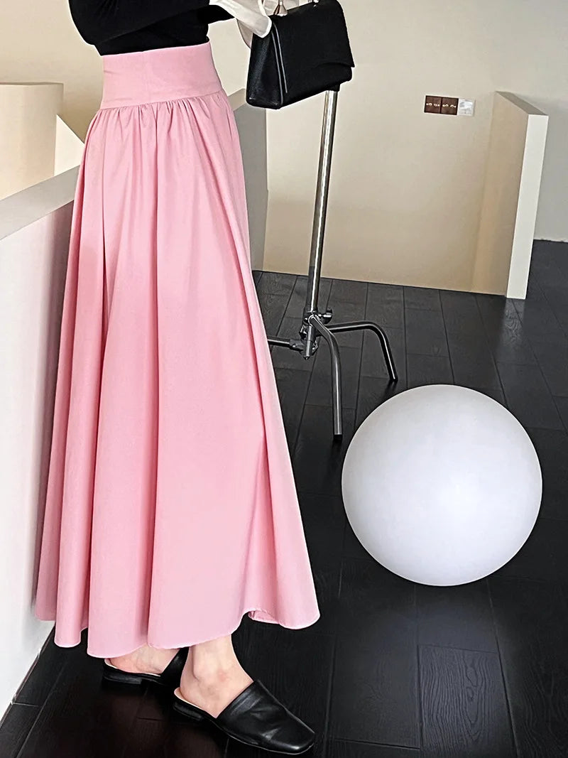 2025 Fall New French High-End Pink Midi Skirt with Large A-Line Pleats Solid Skirt