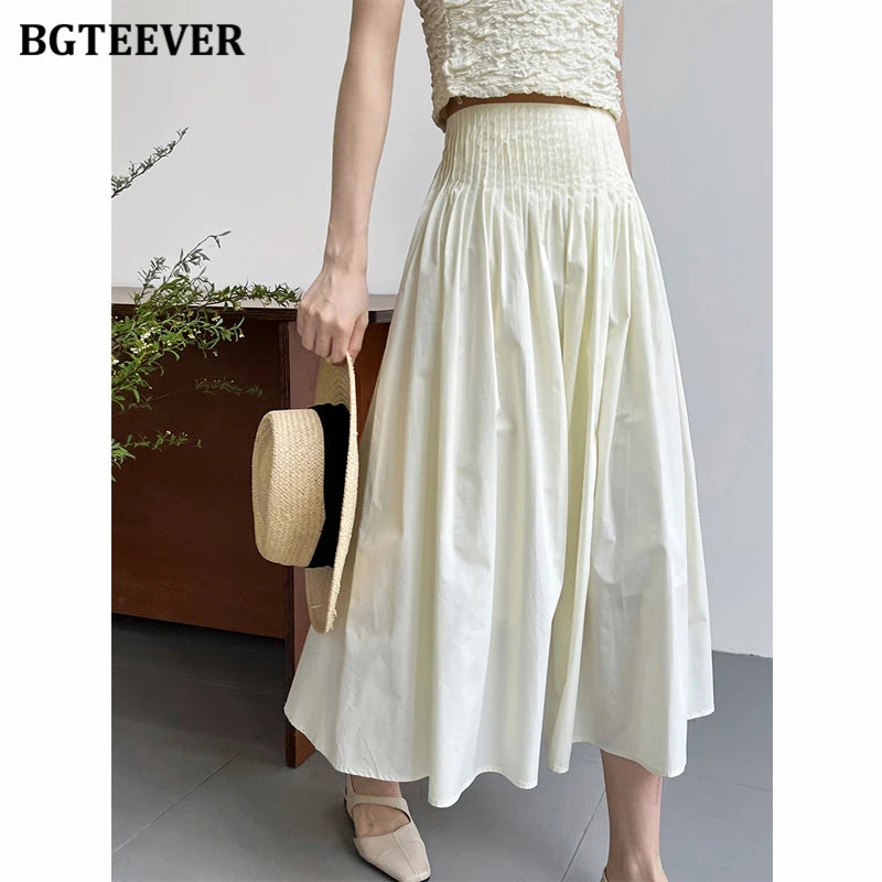 BGTEEVER Spring Summer Elastic Waist Ladies A-line Skirts Stylish Loose Women Pleated Skirts