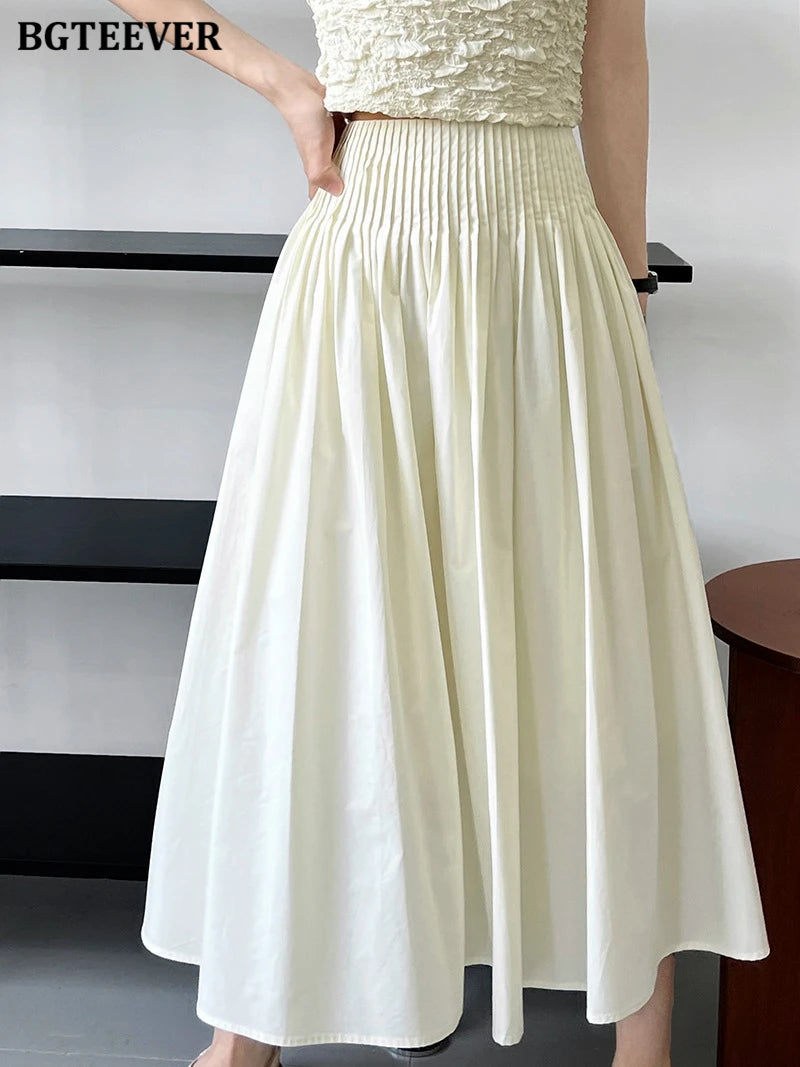 BGTEEVER Spring Summer Elastic Waist Ladies A-line Skirts Stylish Loose Women Pleated Skirts