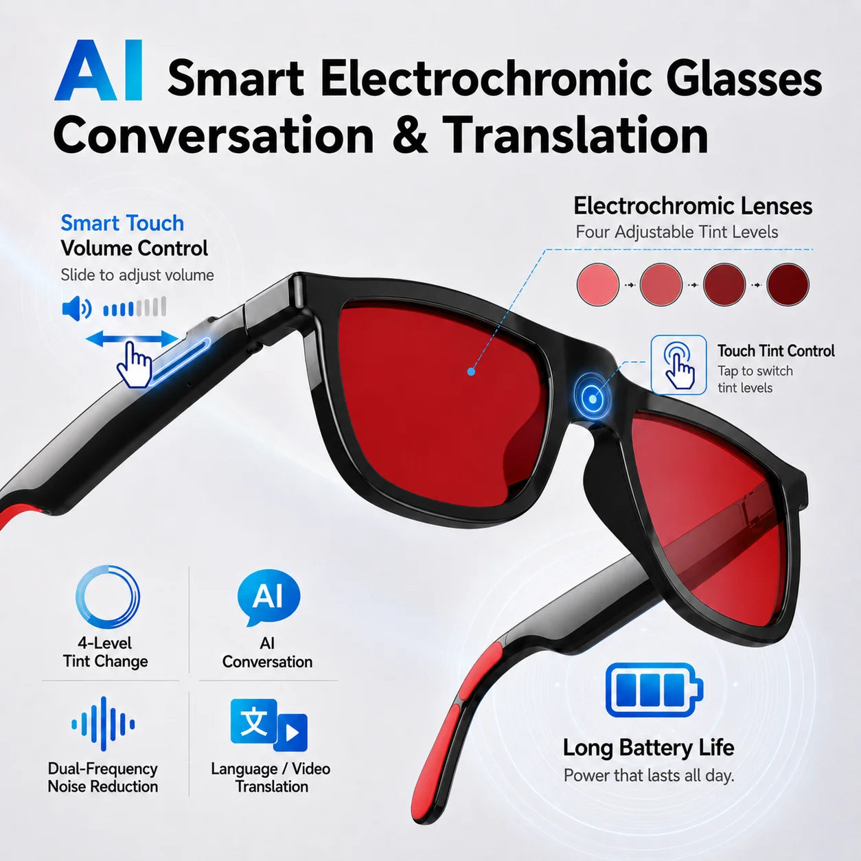 2026 AI Smart Glasses Touch Color-change  Electrochromic Lens AI Translation ChatGPT BT Call Dual-mic Music Audio Sunglasses Men