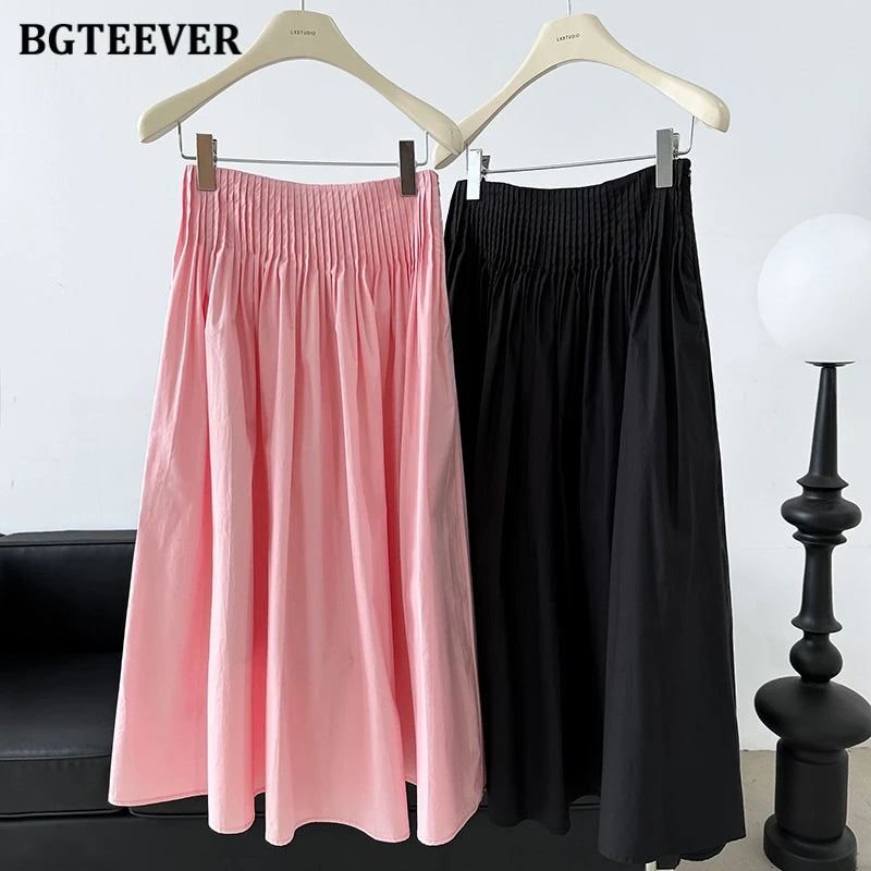 BGTEEVER Spring Summer Elastic Waist Ladies A-line Skirts Stylish Loose Women Pleated Skirts