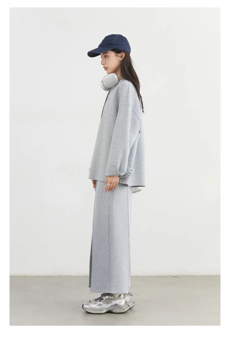 CHIC VEN Women Sweatshirts Loose Casual Solid Color Round Neck Long Sleeve Hoodies Coat Split Skirt Set Spring Summer 2025