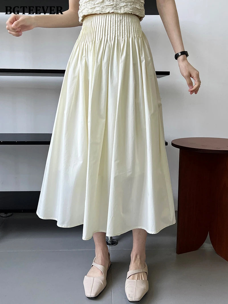 BGTEEVER Spring Summer Elastic Waist Ladies A-line Skirts Stylish Loose Women Pleated Skirts