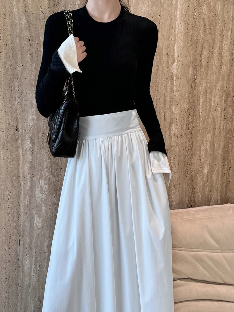 2025 Fall New French High-End Pink Midi Skirt with Large A-Line Pleats Solid Skirt