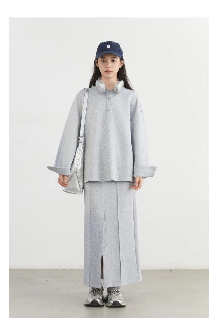CHIC VEN Women Sweatshirts Loose Casual Solid Color Round Neck Long Sleeve Hoodies Coat Split Skirt Set Spring Summer 2025