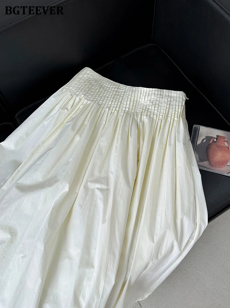 BGTEEVER Spring Summer Elastic Waist Ladies A-line Skirts Stylish Loose Women Pleated Skirts